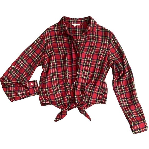 Sim & Sam M Red Plaid Flannel Button-Up Tie Waist Top Soft Rayon 184D - Picture 1 of 8